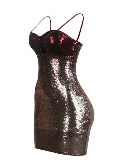 The Sweetheart Sequined Spaghetti Strap Bodycon Dress In Wine/RoseGold