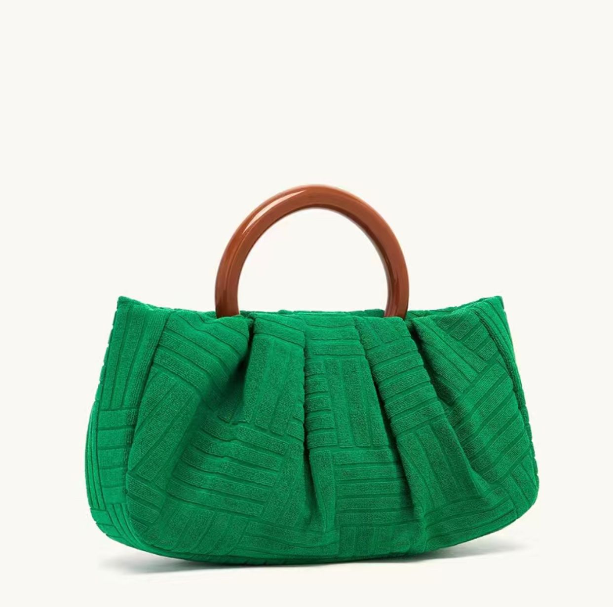 Green Top Handle Jacquard Ruched Bag