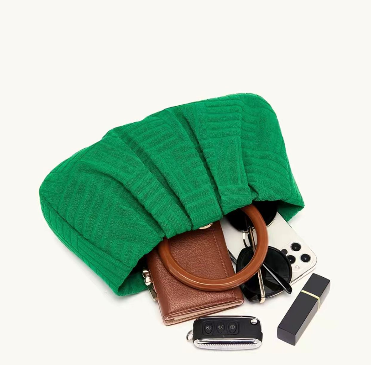 Green Top Handle Jacquard Ruched Bag