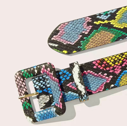 Multicolor Snake Pattern Square Buckle Belt