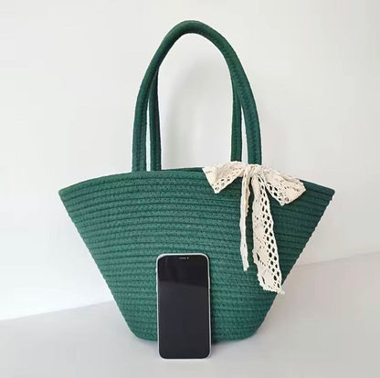 Green Bowed Tote Straw Shoulder Bag