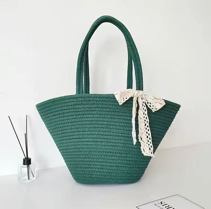 Green Bowed Tote Straw Shoulder Bag