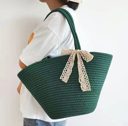 Green Bowed Tote Straw Shoulder Bag