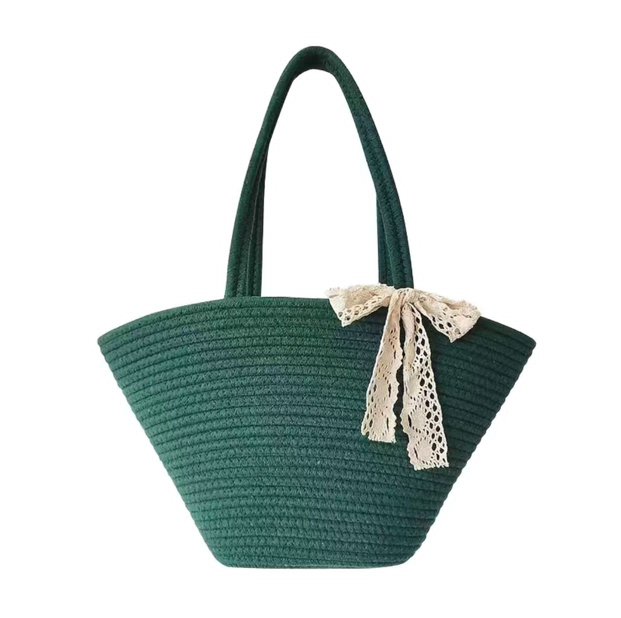 Green Bowed Tote Straw Shoulder Bag