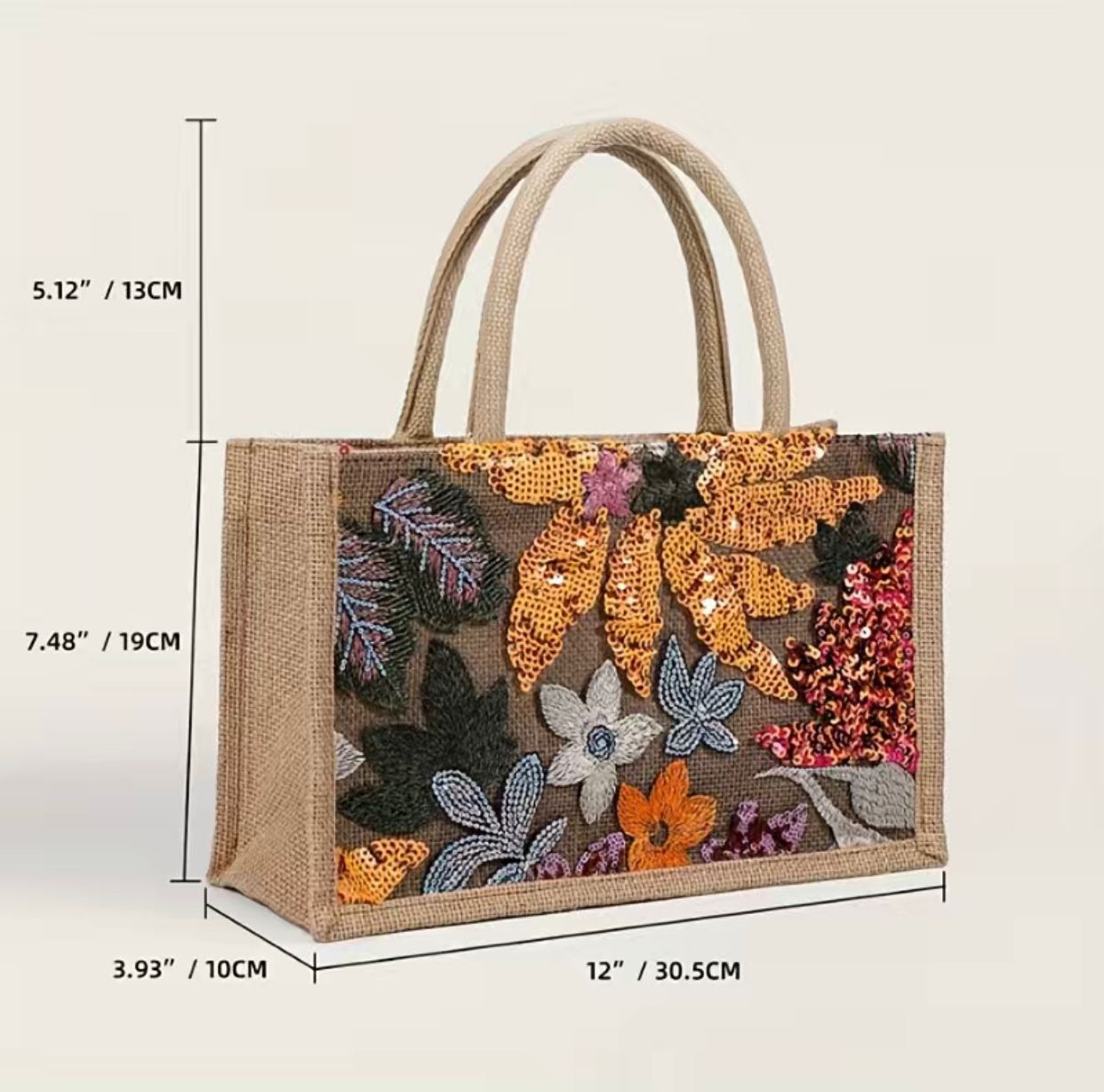 The Floral Sequin Decor Burlap Satchel Bag