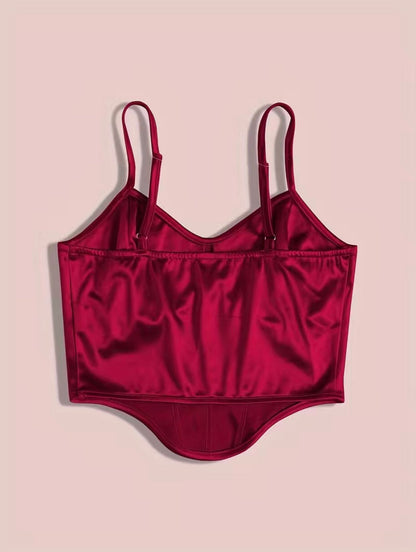 Burgundy Satin Crop Cami Corset Top