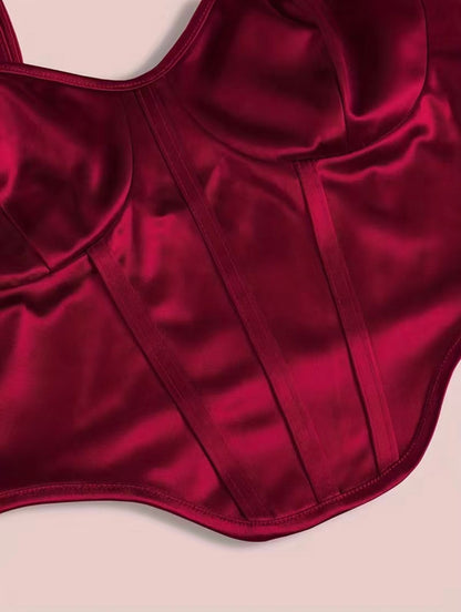 Burgundy Satin Crop Cami Corset Top