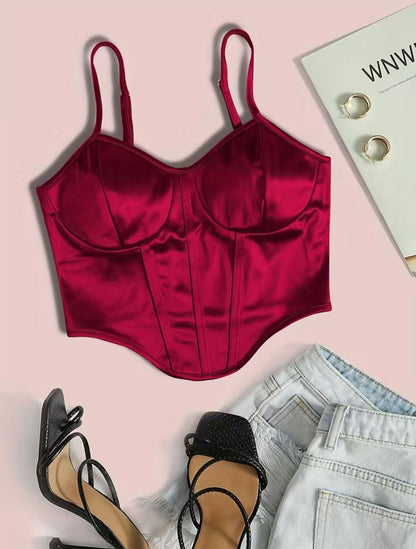 Burgundy Satin Crop Cami Corset Top