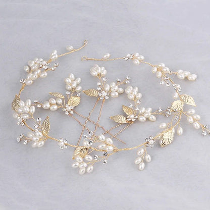 Golden Leaves & Pearls Bridal Hair Vine with Hair Pins