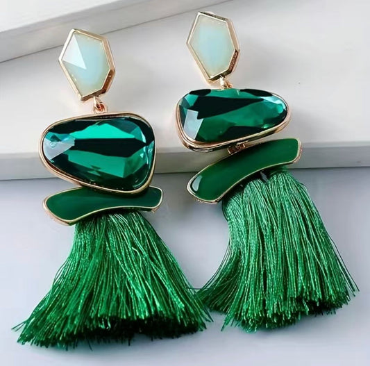 Green Gems Boho Tassel Earrings