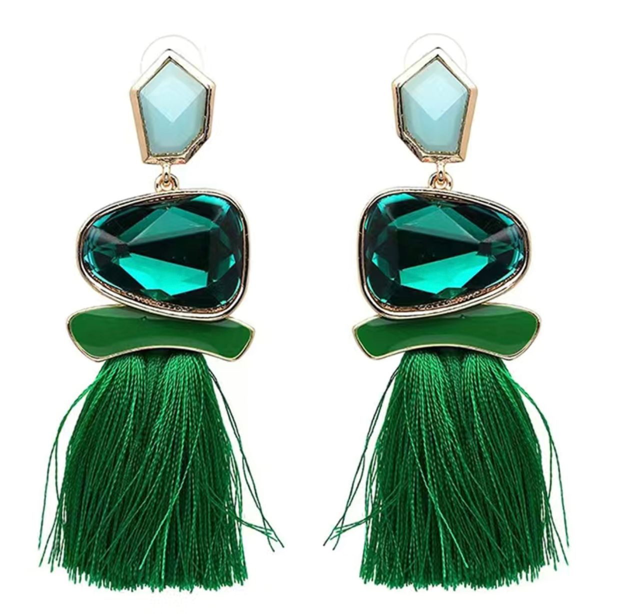 Green Gems Boho Tassel Earrings