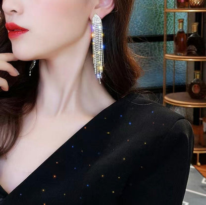 Exaggerated Long Tassels Rhinestone Earrings