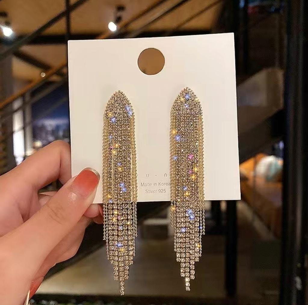 Exaggerated Long Tassels Rhinestone Earrings