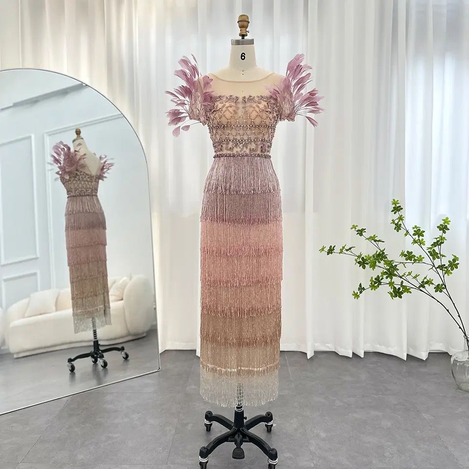 Luxury Lilac Hand Beaded Tassel Midi Dress with Feathered Sleeves