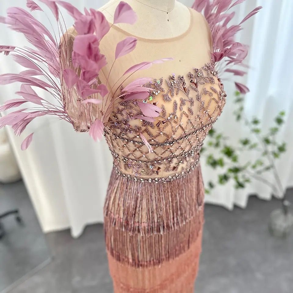 Luxury Lilac Hand Beaded Tassel Midi Dress with Feathered Sleeves