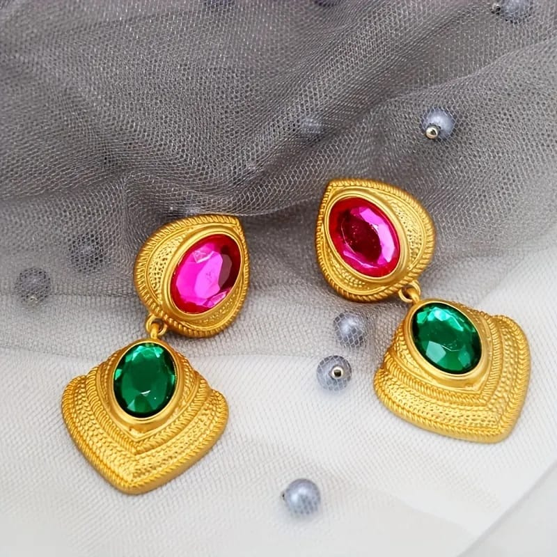18K Plated Chunky Waterdrop Shaped Dangle Earrings with Hot Pink & Green Gemstones