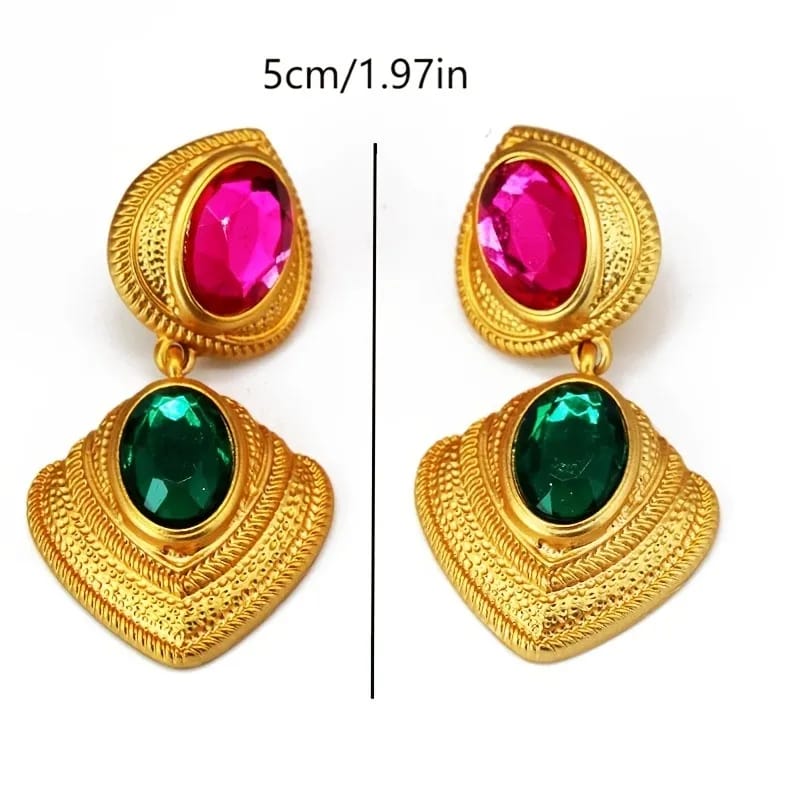 18K Plated Chunky Waterdrop Shaped Dangle Earrings with Hot Pink & Green Gemstones