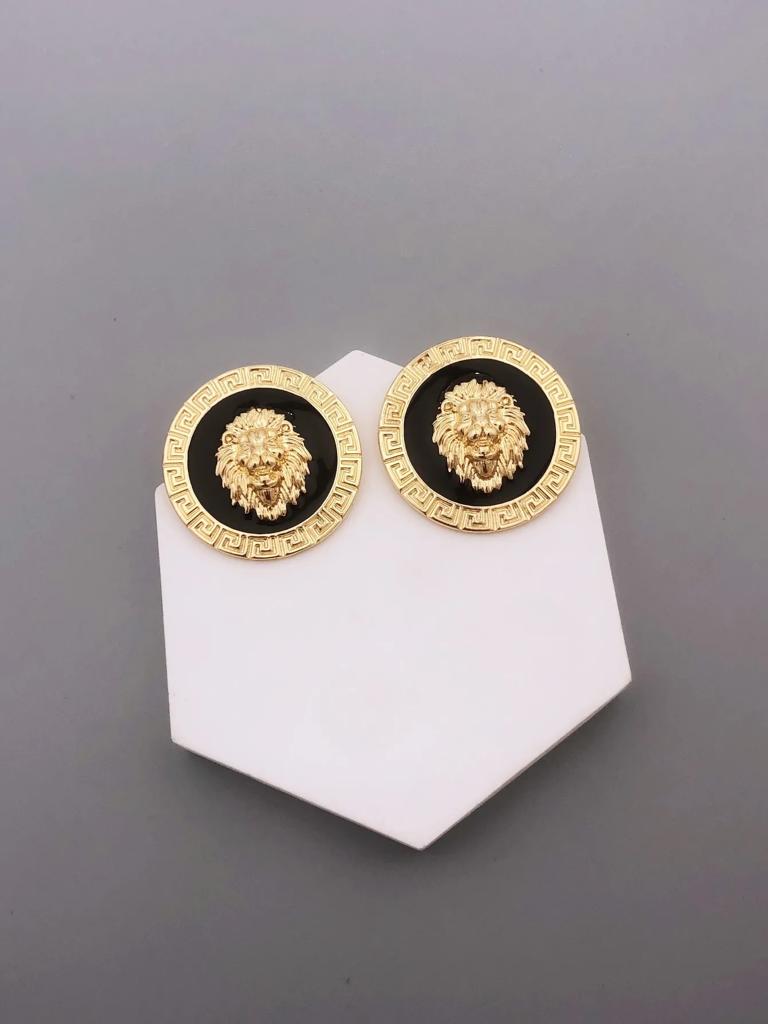 Gold and Black Lion Head Greek Key Earrings