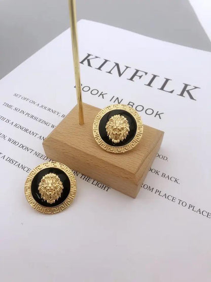 Gold and Black Lion Head Greek Key Earrings