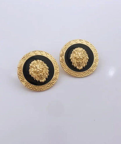 Gold and Black Lion Head Greek Key Earrings