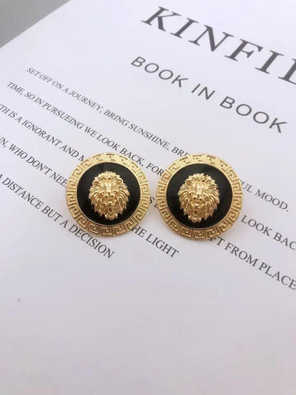 Gold and Black Lion Head Greek Key Earrings