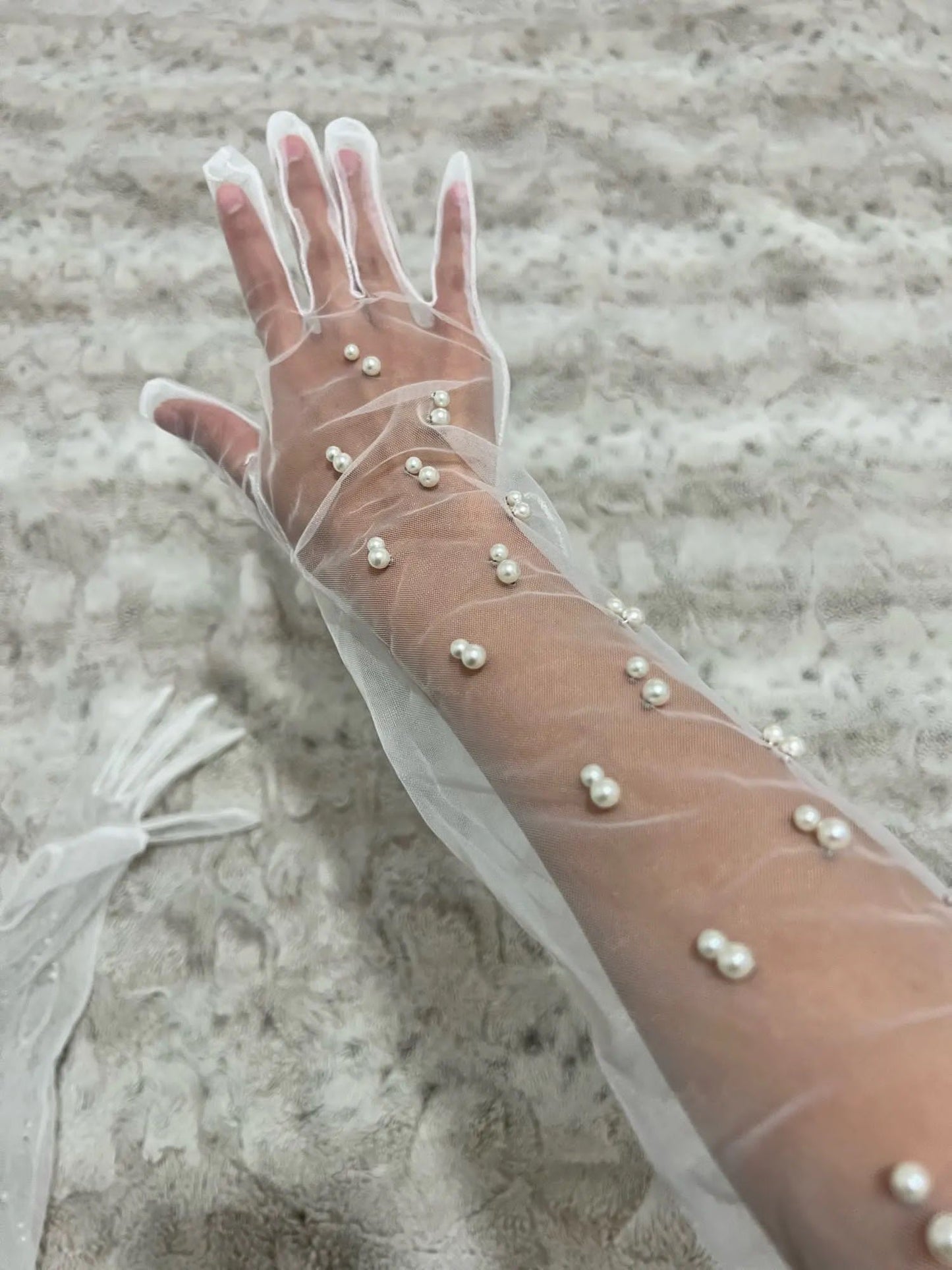 Pearl Embellished Chiffon Long Gloves