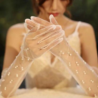 Pearl Embellished Chiffon Long Gloves