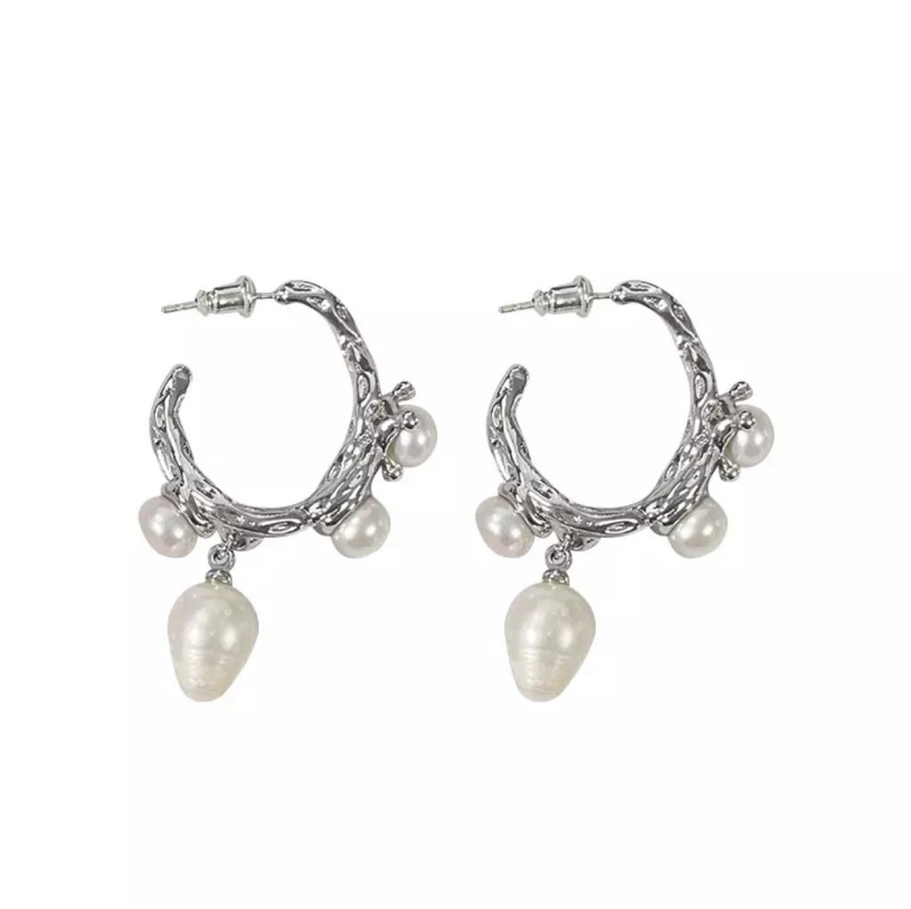 French Baroque Fresh Water Pearl Earrings in Silver