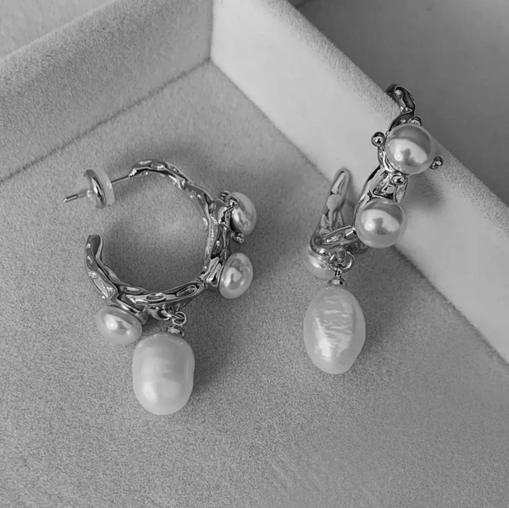 French Baroque Fresh Water Pearl Earrings in Silver
