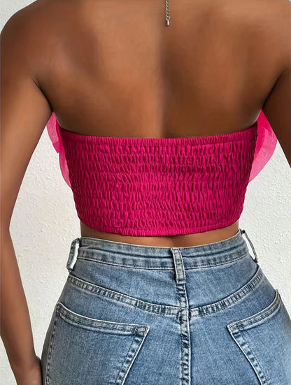 Hot Pink Floral Tulle Crop Top