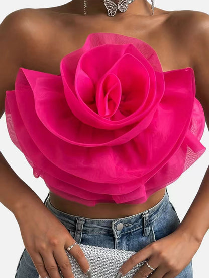 Hot Pink Floral Tulle Crop Top