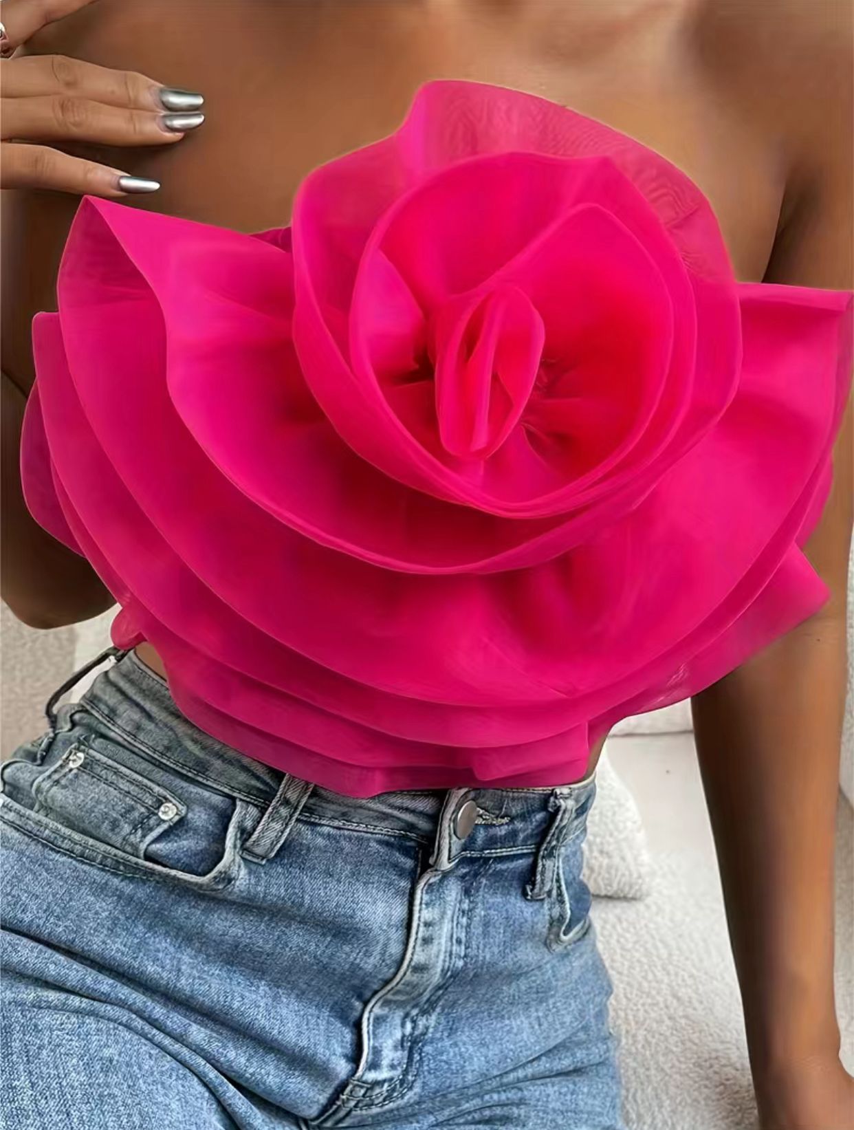 Hot Pink Floral Tulle Crop Top