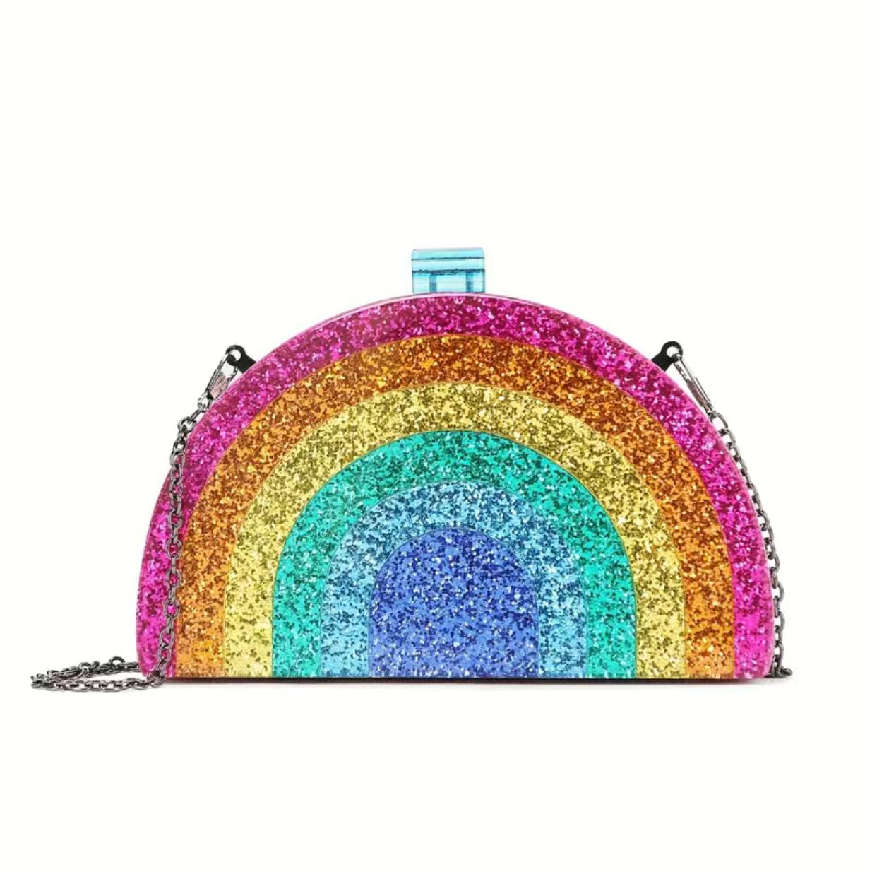 Rainbow Glitter Semicircle Clutch Bag