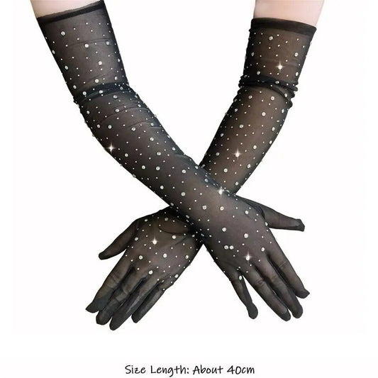 Opera Length Black Tulle Rhinestone Studded Gloves