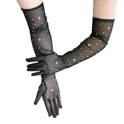 Opera Length Black Tulle Rhinestone Studded Gloves