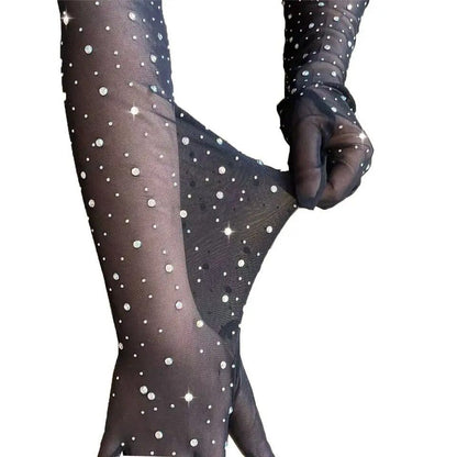 Opera Length Black Tulle Rhinestone Studded Gloves