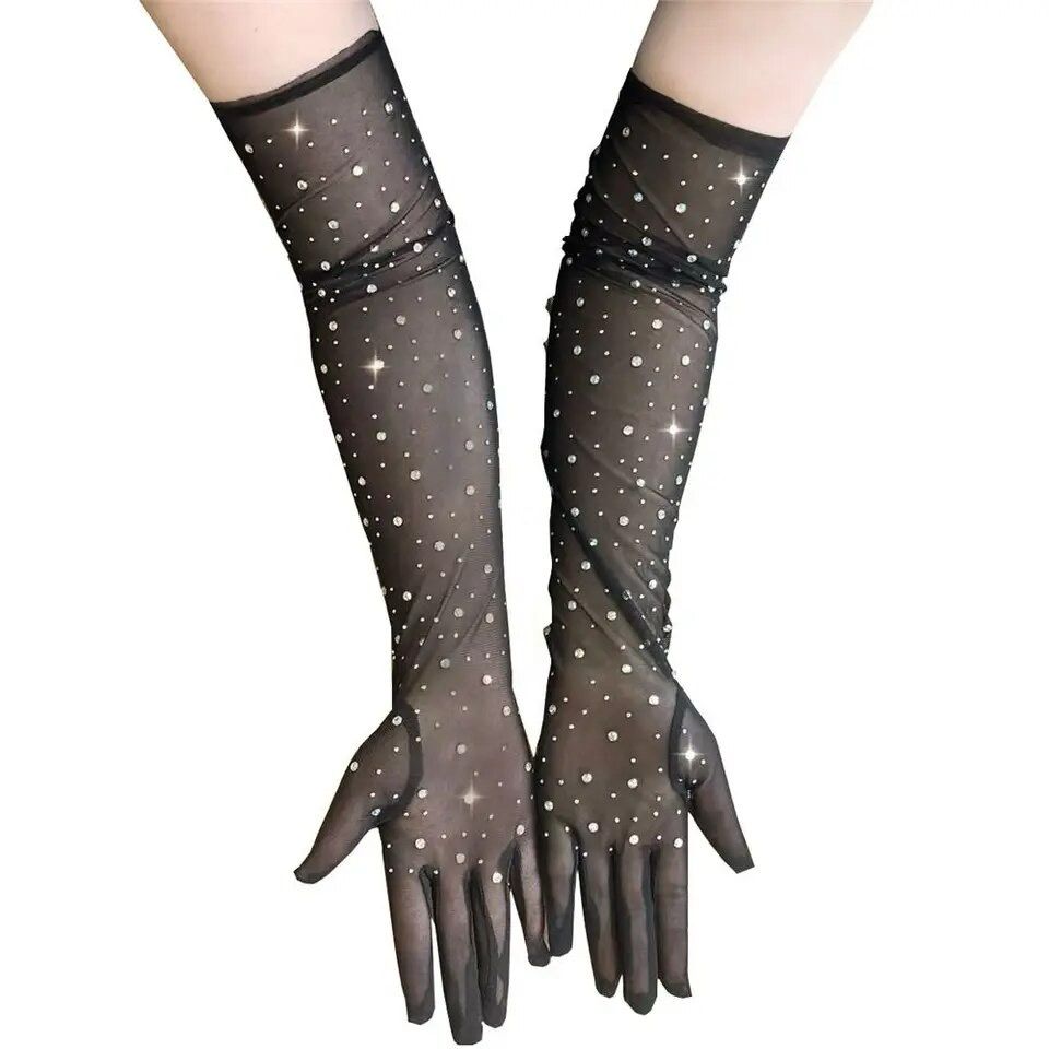 Opera Length Black Tulle Rhinestone Studded Gloves