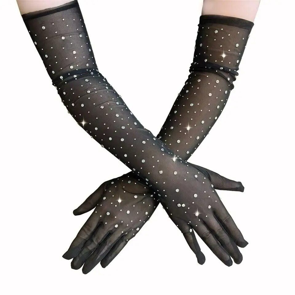 Opera Length Black Tulle Rhinestone Studded Gloves