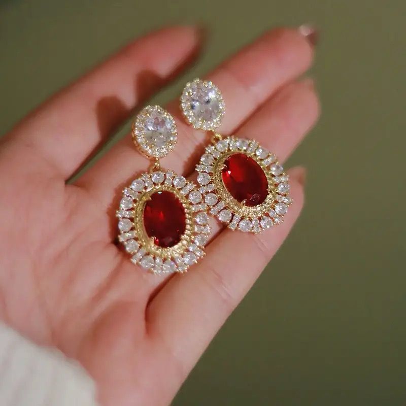 Aesthetic Gold &amp; Red CZ Dangle Earrings for Women Full