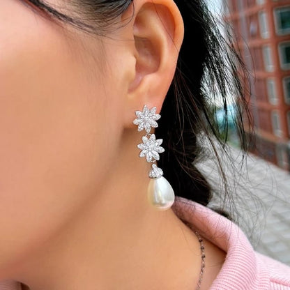 Pearl CZ Cluster Flower Dangle Earrings