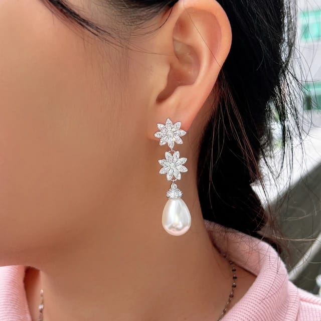 Pearl CZ Cluster Flower Dangle Earrings