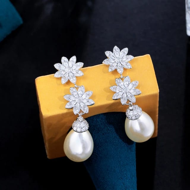 Pearl CZ Cluster Flower Dangle Earrings
