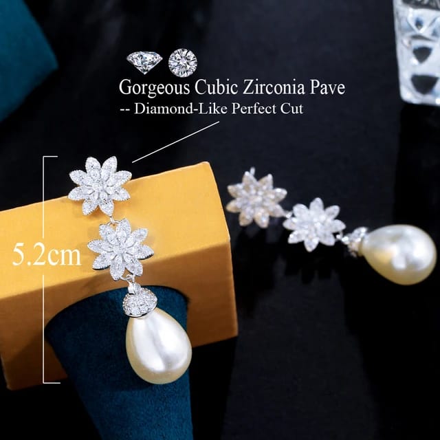 Pearl CZ Cluster Flower Dangle Earrings