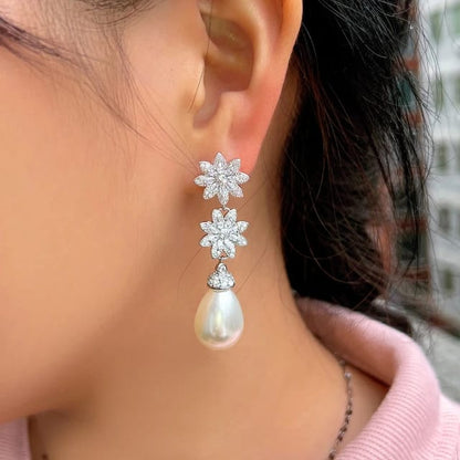 Pearl CZ Cluster Flower Dangle Earrings