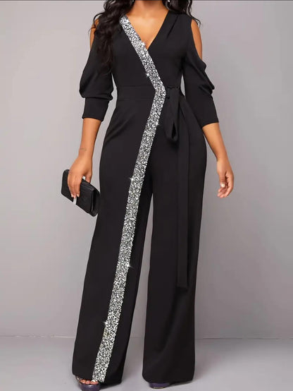 Bedazzled Contrast Sequin Wide Leg Jumpsuit