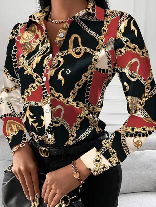 Black/Gold/Red V-neck Chain Print Button Long Sleeve Loose Fall Shirt