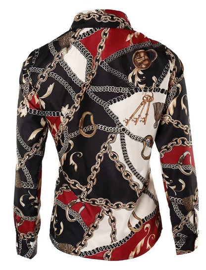 Black/Gold/Red V-neck Chain Print Button Long Sleeve Loose Fall Shirt