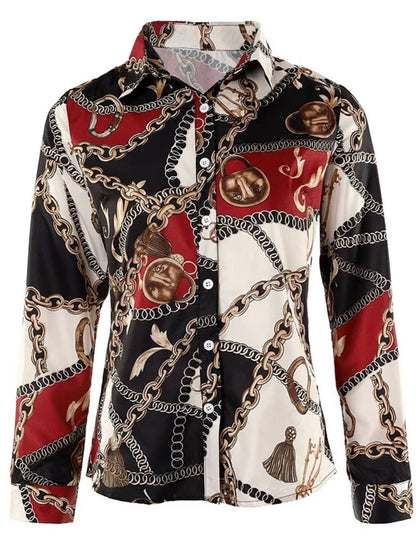 Black/Gold/Red V-neck Chain Print Button Long Sleeve Loose Fall Shirt