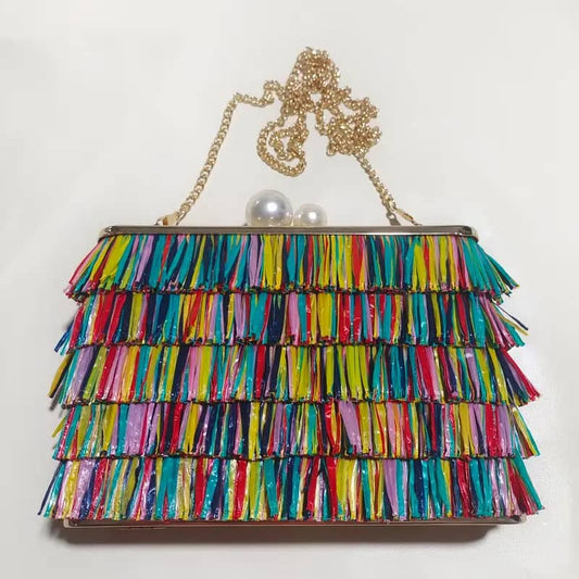 Multicolor Tassel Straw Clutch Bag