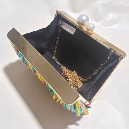 Multicolor Tassel Straw Clutch Bag